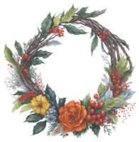 Christmas wreath. Watercolor illustration with holly berries. AI Generative png