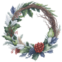 Christmas wreath. Watercolor illustration with holly berries. AI Generative png