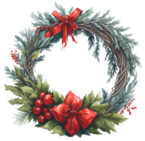 Christmas wreath. Watercolor illustration with holly berries. AI Generative png