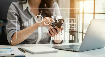 Financial report data of business operations balance sheet and income statement as Fintech concept. photo