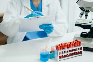 Modern medical research laboratory. female scientist working with micro pipettes analyzing biochemical samples, advanced science chemical laboratory photo