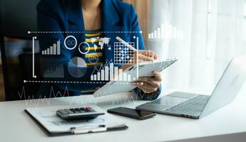 Financial report data of business operations balance sheet and income statement as Fintech concept. photo