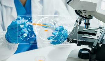 DNA molecule testing concepts. The doctor in a mask examines DNA molecules on the chemical laboratory with virtual icon photo