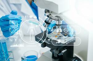 DNA molecule testing concepts. The doctor in a mask examines DNA molecules on the chemical laboratory with virtual icon photo