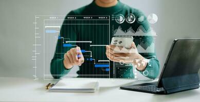 financiero reporte datos de negocio operaciones equilibrar sábana y ingresos declaración y diagrama como fintech concepto.negocio equipo reunión. digital tableta y computadora foto