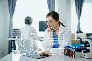 Medical team having a meeting Dctor work on digital tablet healthcare doctor technology tablet using computer in laboratory study with vr icon photo