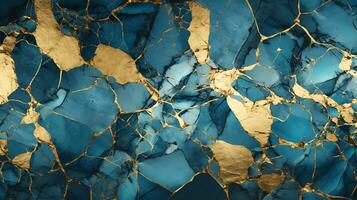 Gold glitters cracked blue marble textures on isolated background. Abstract crack blue wall tiles marbling luxury texture background ai generated photo