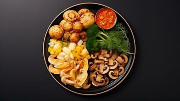 Top view delicious food plate on a black background ai generated photo