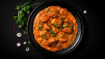 Top view tasty food chicken tikka plate isolated on a black background ai generated photo