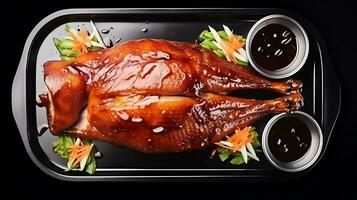 Top view delicious peking duck food plate on a black background ai generated photo