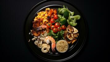 Top view delicious food plate on a black background ai generated photo