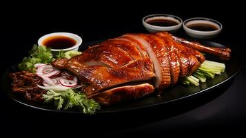 Top view delicious peking duck food plate on a black background ai generated photo