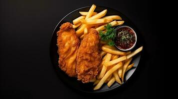 Top view tasty food fish and chips plate on a black background ai generated photo