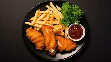 Top view tasty food fish and chips plate on a black background ai generated photo