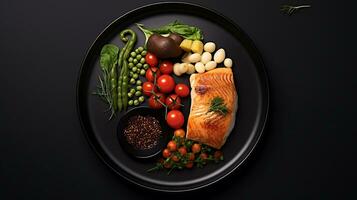 Top view delicious food plate on a black background ai generated photo