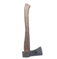 Old rust dirty dark gray axe with brown wooden handle isolated with clipping path in png file format