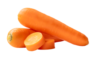 Two fresh orange carrots with slices in stack isolated with clipping path in png file format Close up of healthy vegetable root