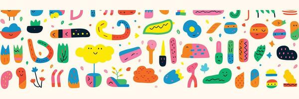 colorful line doodle shapes in a creative minimalist style, perfect for children's parties and celebrations. This collection features basic shapes and simple, upbeat, childlike drawings vector