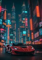 rojo deporte coche en noche ciudad con vistoso noche ai generado foto