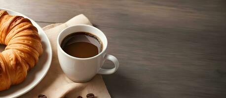 coffee and croissants on wooden table copy space background ai generated photo