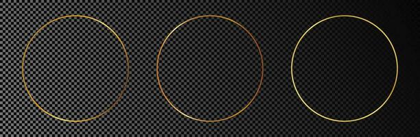 Set of three gold glowing circle frames isolated on dark background. Shiny frame with glowing effects. Vector illustration.
