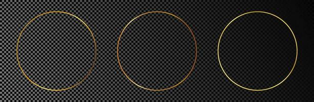 Set of three gold glowing circle frames isolated on dark background. Shiny frame with glowing effects. Vector illustration.