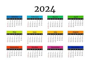 Calendar for 2024 isolated on a white background. Sunday to Monday, business template. Vector illustration