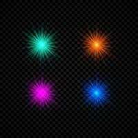 Light effect of lens flares. Set of four green, orange, purple and blue glowing lights starburst effects with sparkles on a dark background. Vector illustration