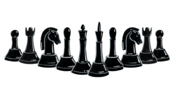 Black chess pieces standing on a row watercolor illustration. Hand drawn realistic clipart of king, queen, knight, rook, bishop, pawn for game sport designs png