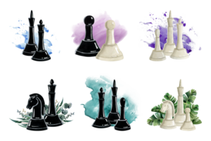 Black and white chess pieces arrangements illustration set on watercolor splashes and botanical backgrounds. Hand drawn realistic clipart of king, queen, knight, rook, bishop, pawn png