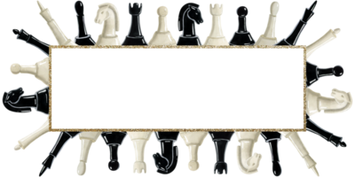 Horizontal chess pieces banner frame template watercolor illustration. Hand drawn clipart for sports, games and hobby designs png