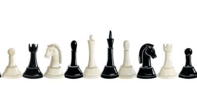 Hand drawn black and white chess pieces watercolor seamless border. Realistic horizontal banner clipart of king queen knight rook bishop pawn for web design png