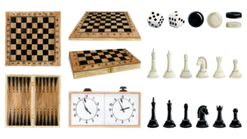 Watercolor chess, checkers, backgammon board games with pieces illustration set. Realistic figures, dices, clocks png