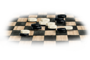 White and black stacks of checkers on chess board watercolor illustration. Intellectual board game for club flyers, brochures png