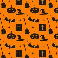 vector halloween pattern of brooms, pumpkins, tombstones, bats, and stars in black and orange colors