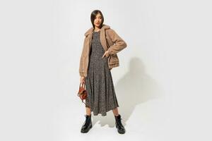 Lovely european model in stylish fur coat and dress . Wearing  ankle boot in black leather. Holding  brown handbag. photo