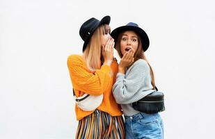 mejor amigos, Pareja de elegante muchachas posando en blanco antecedentes. otoño estación. vistiendo elegante naranja de punto suéter, negro sombrero , culo bolsa. amigos gasto genial hora juntos . Copiar espacio . foto