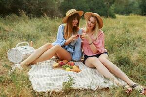 dos maravilloso muchachas en Paja sombrero gasto Días festivos en campo, Bebiendo espumoso vino. foto