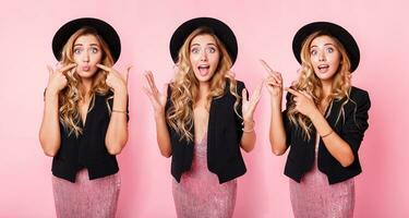 Collage of three similar girls with different emotions.   Girls making grimaces, having fun. Facial expressions. Pink background. Wearing trendy dress with sequence , black jacket and hat. photo