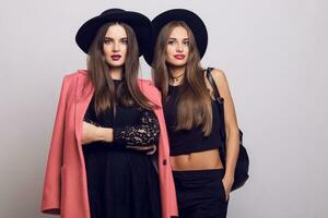 Indoor studio fashion image of two elegant  happy  women , sisters or best friends    wearing stylish  pink  coat, black hat ,bright make up. Winter or spring collection.   Space for text. photo