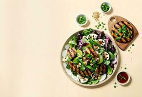top view salad with grilled chicken flat lay with copy space ai generated photo