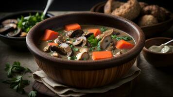 a bowl of rustic beef stew with shiitake mushroom ai generated photo