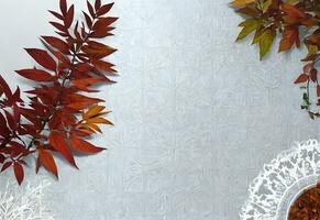 plano laico de otoño hojas en blanco antecedentes con Copiar espacio ai generado foto