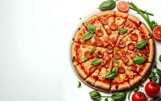 plano laico de delicioso Pizza con Copiar espacio en blanco antecedentes ai generado foto