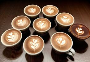 a group of coffee latte arranged on wooden table ai generated photo