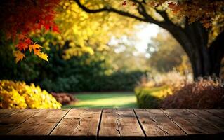 empty table product display mockup with garden background ai generated photo