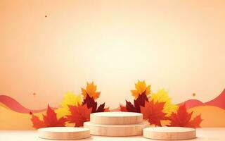 wooden podium product mockup with autumn background ai generated photo