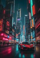 red modern supercar with colorful night city background ai generated photo