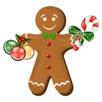 pepparkaka kaka man med godis sockerrör och jul färgrik bollar. digital illustration för design, dekorera inbjudningar och kort, framställning klistermärken, skriva ut förpackning png