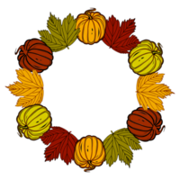 Wreath of pumpkins orange with fall leaves. Digital  illustration for your design,  decorating invitations and cards, making stickers, embroidery scheme,  printing on packaging and textiles. png